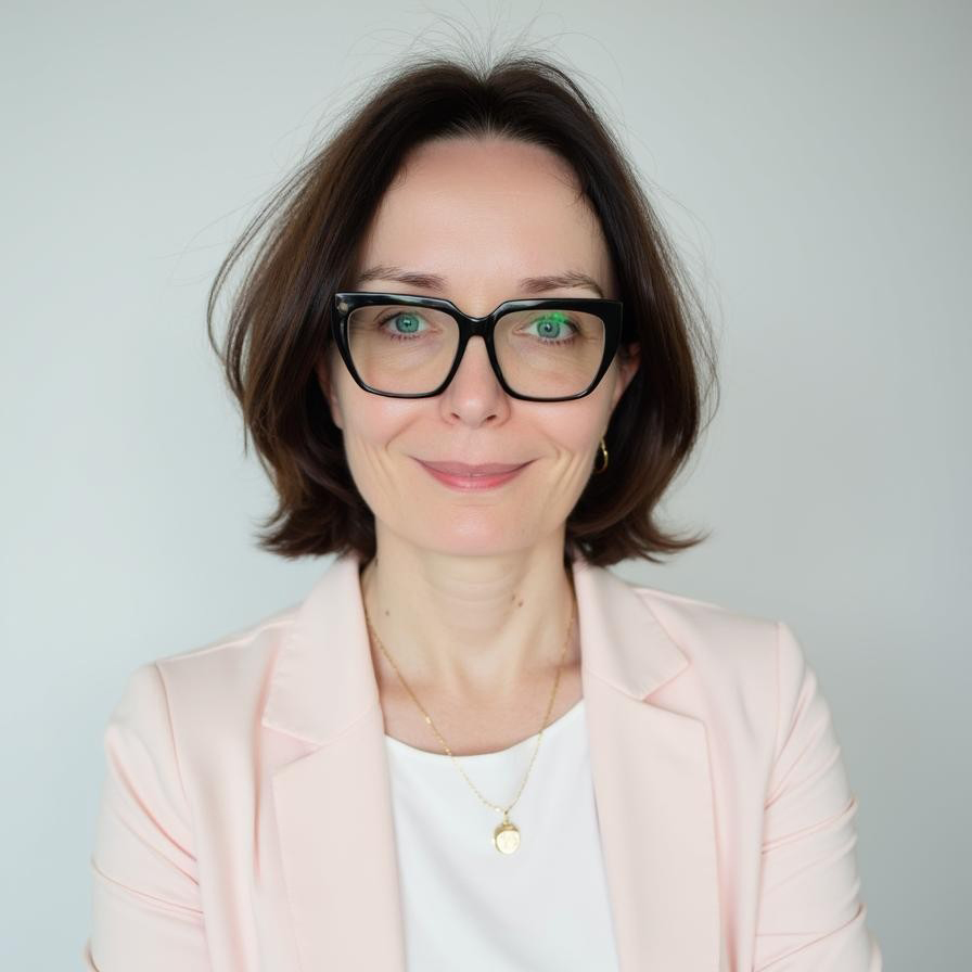 Agnieszka Pipała, kobieta z brązowymi włosami sięgającymi do brody i okularami, uśmiecha się delikatnie. Ma na sobie bladoróżową marynarkę na białym topie, ozdobioną złotym naszyjnikiem i kolczykami, pozuje na jasnym tle.