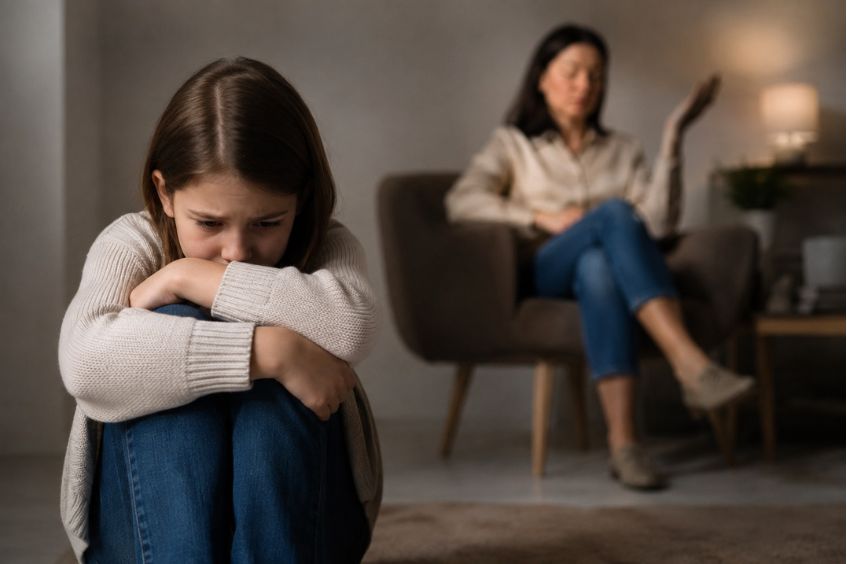 Smutna dziewczyna siedzi na podłodze, obejmując kolana, podczas gdy kobieta w tle gestykuluje z fotela, co sugeruje spór lub napiętą rozmowę między nimi — obraz ten może odzwierciedlać dynamikę często obserwowaną w relacji z matką narcystyczną, w której emocjonalny dystans i napięcie są powszechne.